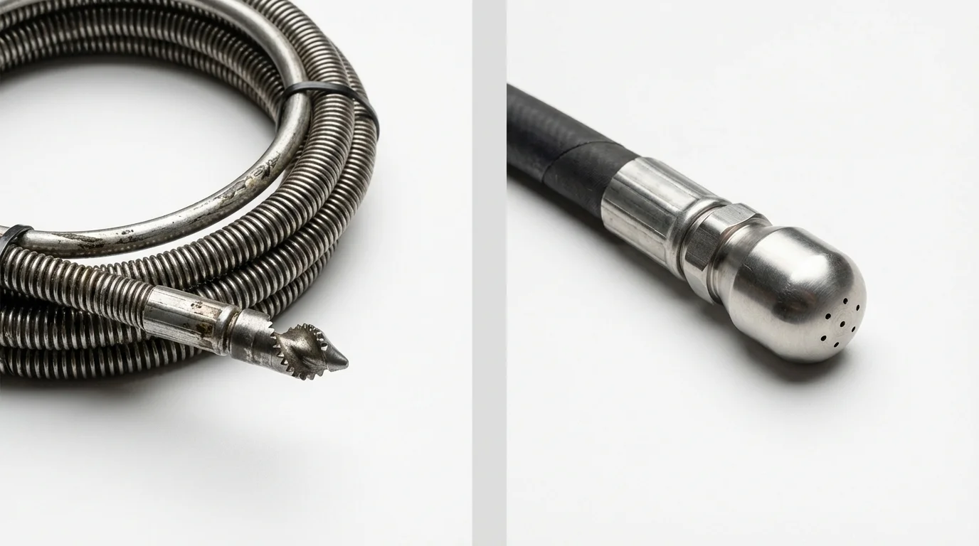 Drain snake cable and hydro jetting nozzle used for drain cleaning in Rocky Point, NC