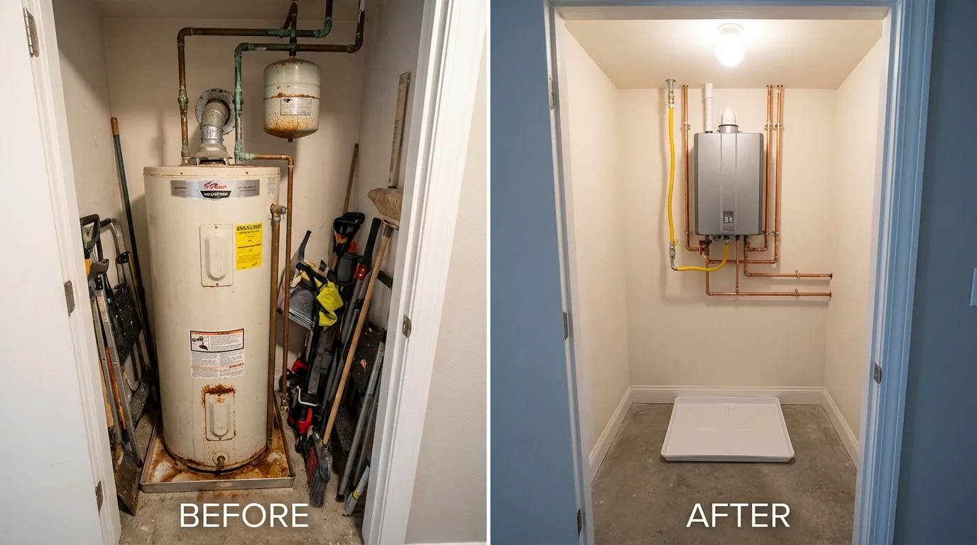 Tank water heater versus wall-mounted tankless unit comparison for Rocky Point, NC homeowners
