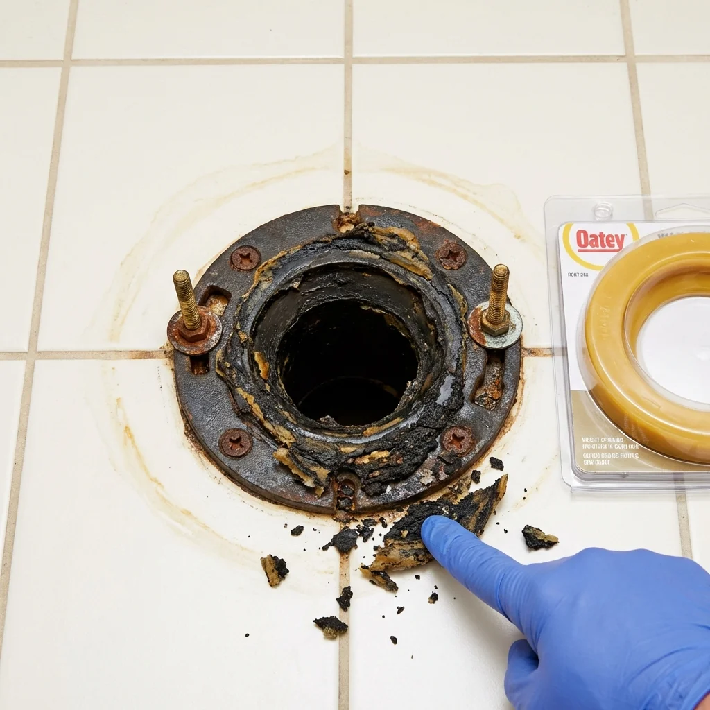Failed wax ring showing water seepage at the base of a toilet in a Rocky Point, NC home