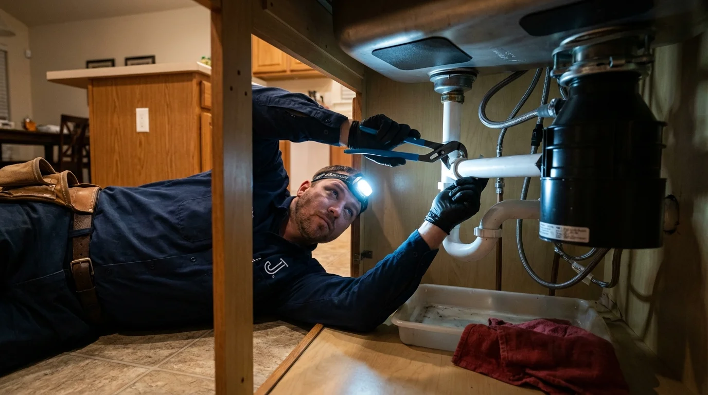 P-trap and supply line connections under a kitchen sink showing a common leak point in Rocky Point, NC